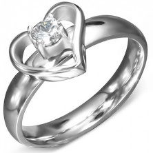 Inel din oțel - contur inimă cu zirconiu transparent în mijloc
