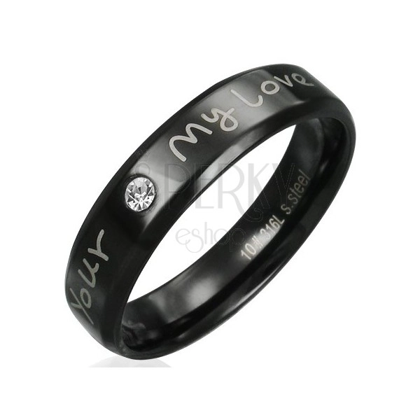 Inel din oțel - negru cu declarație de dragoste și zirconiu transparent