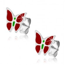 Cercei cu tijă din argint - model fluture roșu cu verde