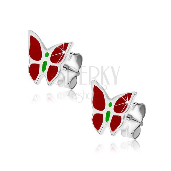 Cercei cu tijă din argint - model fluture roșu cu verde