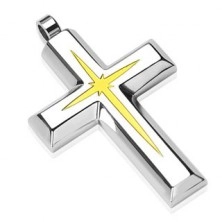 Pandantiv din oţel - cruce cu cruce interioară aurie mai mică