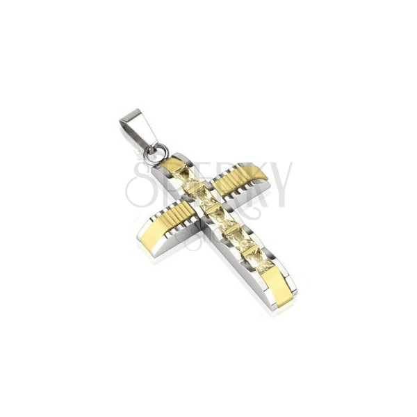 Pandantiv din oţel - cruce cu zirconii şi mijloc auriu