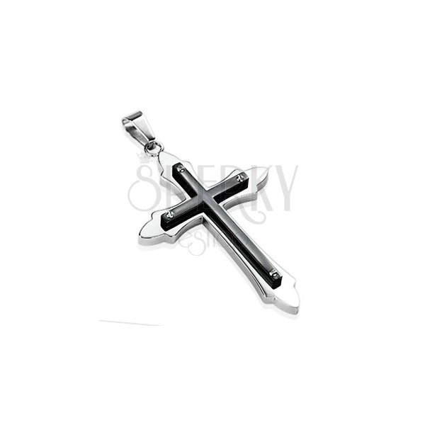 Pandantiv din oţel - cruce ornamentală lucioasă cu cruce mai mică neagră, îngustă