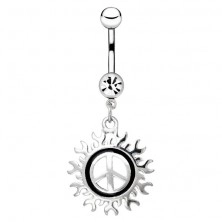 Piercing din oţel pentru buric - simbolul păcii cu un motiv solar