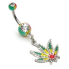 Piercing din oțel pentru buric - frunză de marijuana în culori rasta, zircon