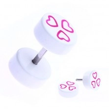 Piercing fals pentru ureche, din acrilic alb cu inimioare roz