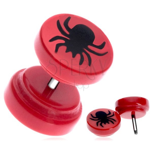 Piercing fals pentru ureche, din acrilic roşu - un păianjen negru
