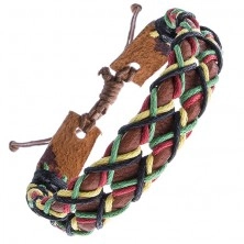 Brăţară din piele - bandă maro caramel şi şnururi într-un model încrucişat