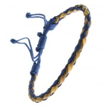 Brăţară din piele - împletitură ovală, cu şnururi, albastru cu galben