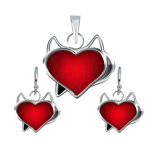 Set cercei și pandantiv din argint 925 - inimă roșie de drăcușor
