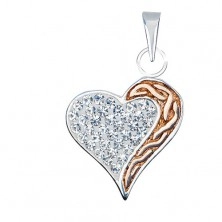 Pandantiv din argint - inimă cu zirconii, gravuri aurii