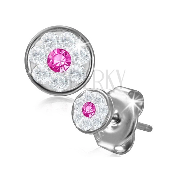 Cercei din oțel - floare cu componente Swarovski®, zirconiu roz, 5 mm