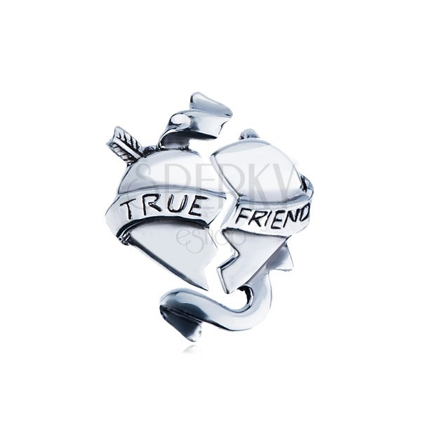 Pandantiv dublu din argint - inimă frântă cu fundiță, TRUE FRIEND,