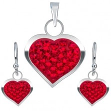 Set din argint 925, cercei şi pandantiv, inimă cu zirconiu roşu