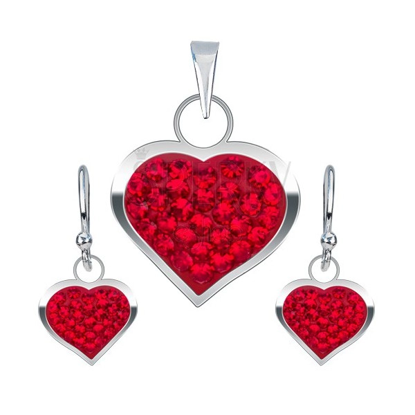 Set din argint 925, cercei şi pandantiv, inimă cu zirconiu roşu