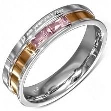 Inel din oțel, zirconii roz, declarație de dragoste gravată