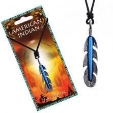 Colier din șnur - negru, pană amerindiană cu dungi albastre