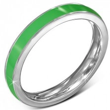 Inel subțire din oțel - verighetă, fâșie verde, margine argintie