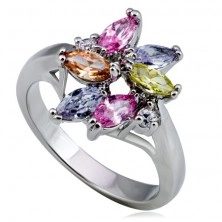 Inel lucios din metal - floare, zirconiu colorat, în formă de lacrimă şi rotund
