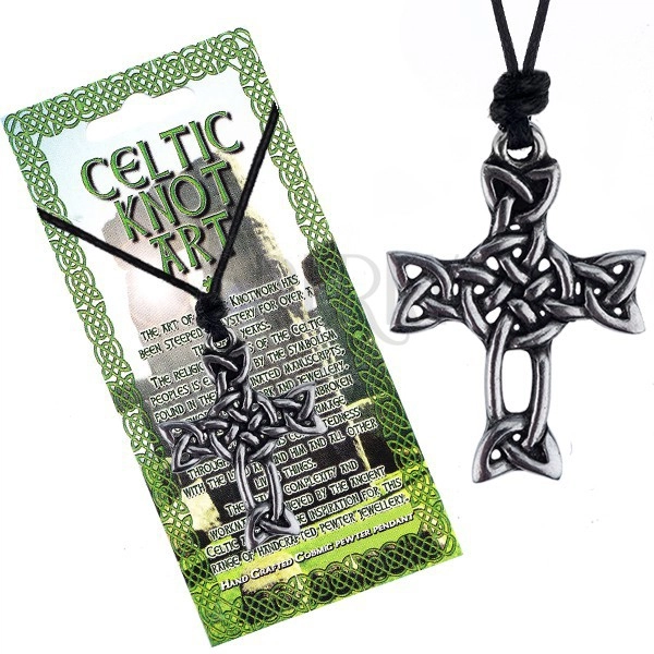 Colier din șnur negru și pandantiv lucios, cruce cu nod celtic