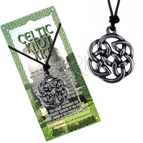 Colier din șnur negru, pandantiv din metal, floare din nod celtic