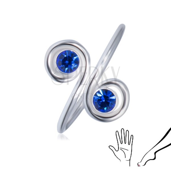 Inel argint pentru mână sau picior - două cristale albastre de zirconiu în spirale