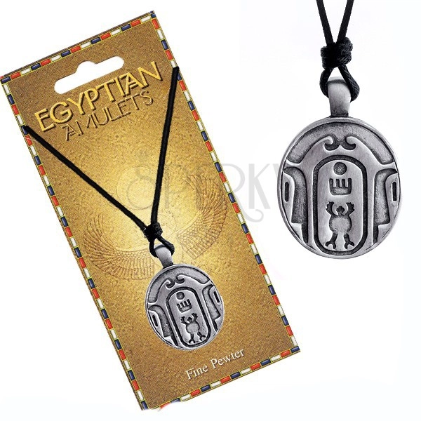 Colier - șnur negru, pandantiv din metal, amuletă egipteană, ovală