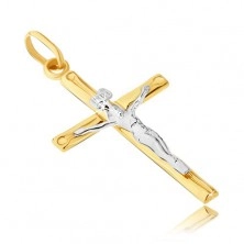 Pandantiv din aur 14K - combinație două culori cu Iisus pe cruce și caneluri