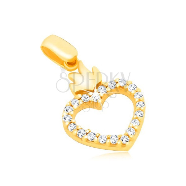 Pandantiv din aur 14K - contur de inimă cu zirconii și coroană