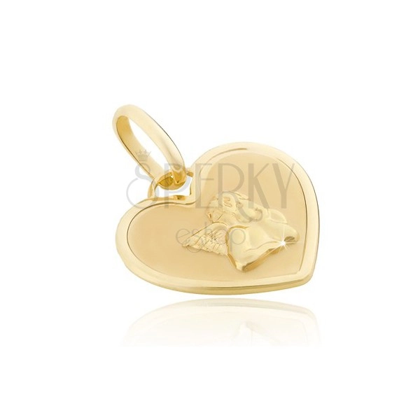 Pandantiv din aur 14K - placă sub formă de inimă cu înger lucios