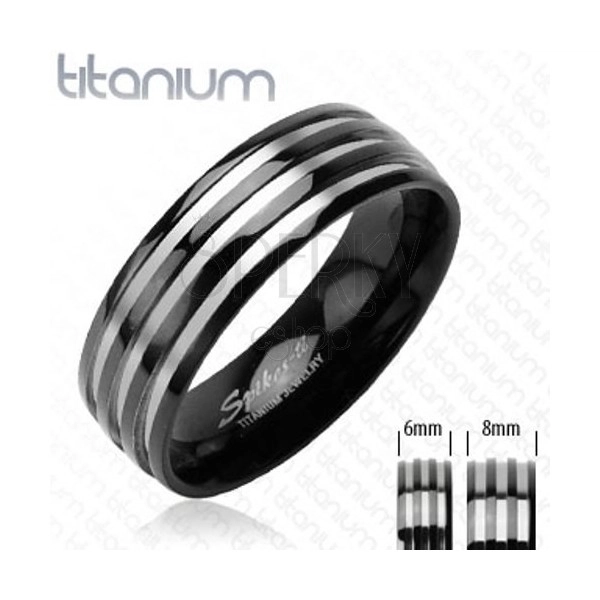 Inel negru din titan - trei dungi argintii