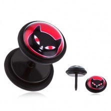 Plug fals pentru ureche, negru, cu o peliculă DFV - o pisicuţă cu ochi roşii