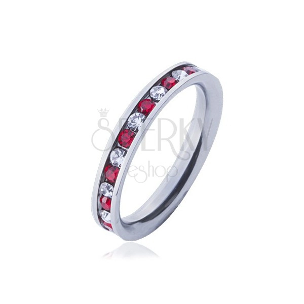 Inel din oțel - verighetă, zirconii roșii și albe