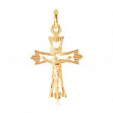 Pandantiv din aur de 14K - cruce cu brațe ramificate, raze și Iisus