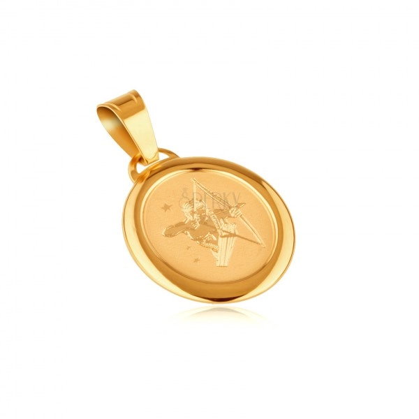 Pandantiv din aur 14K - placă ovală în ramă cu semnul zodiacal SĂGETĂTOR