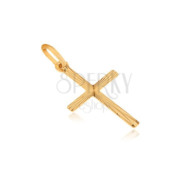Pandantiv din aur 14K - cruce plată latină, stele canelate din mijloc