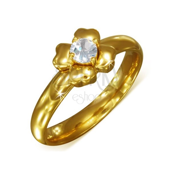 Inel auriu din oțel chirurgical cu un zirconiu transparent - floare