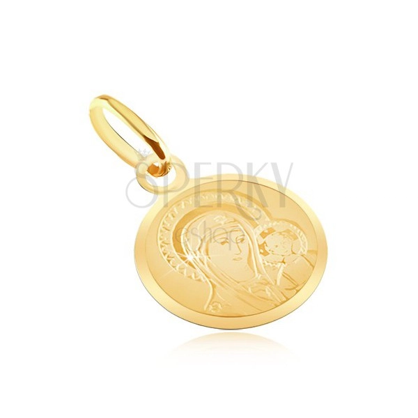 Pandantiv plat din aur - medalioon rotund cu Fecioara și fiul