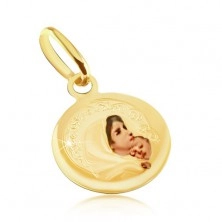 Pandantiv din aur - medalion rotund, Fecioara Maria, smalț transparent