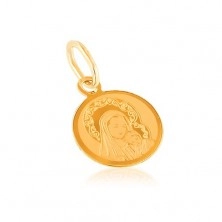 Pandantiv din aur 14K - medalon rotund, gravură cu Mama lui Iisus și Fiul