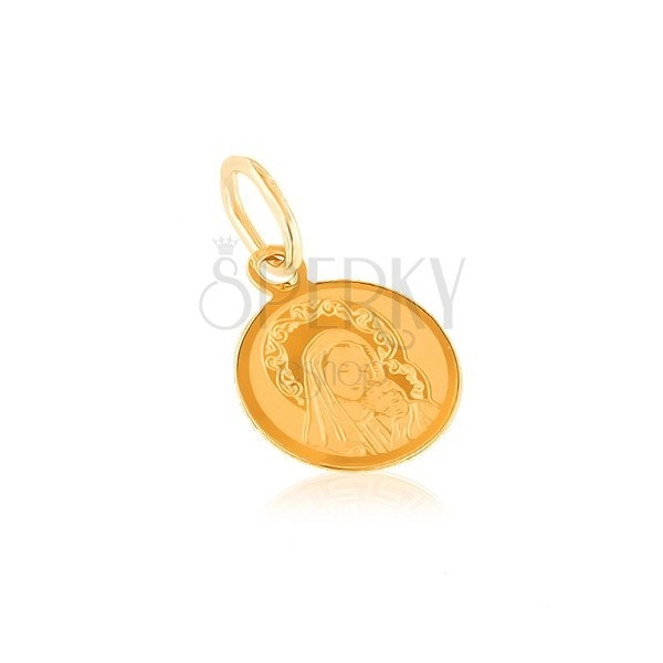 Pandantiv din aur 14K - medalon rotund, gravură cu Mama lui Iisus și Fiul