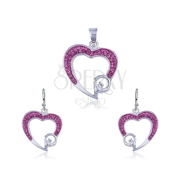 Set din argint - pandantiv şi cercei, zirconiu roz, contur de inimă 