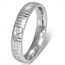 Inel argintiu din oțel cu piatră transparentă și plasă