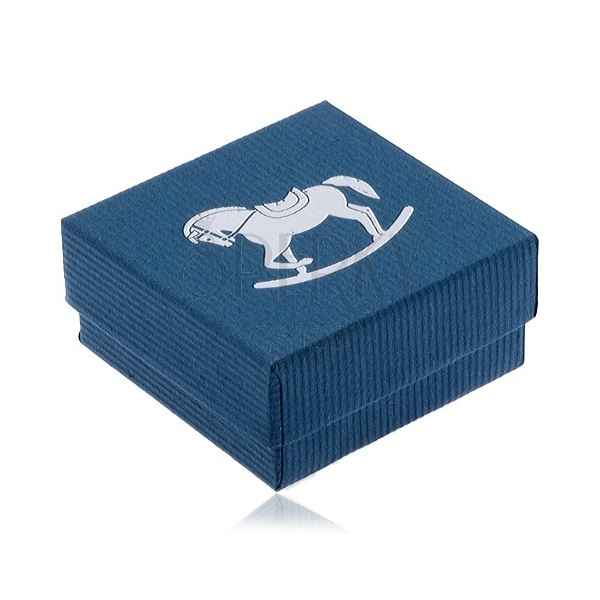 Cutiuță albastră de cadou pentru bijuterii, căluț argintiu ce se balansează