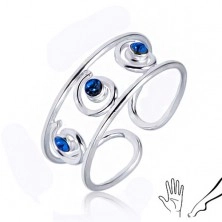 Inel din argint pentru mână sau picior, trei ştrasuri albastre, în spirale