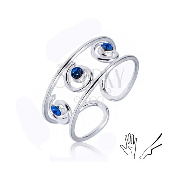 Inel din argint pentru mână sau picior, trei ştrasuri albastre, în spirale