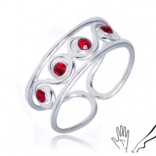 Inel din argint 925, model în formă de S, cu ştrasuri roşii