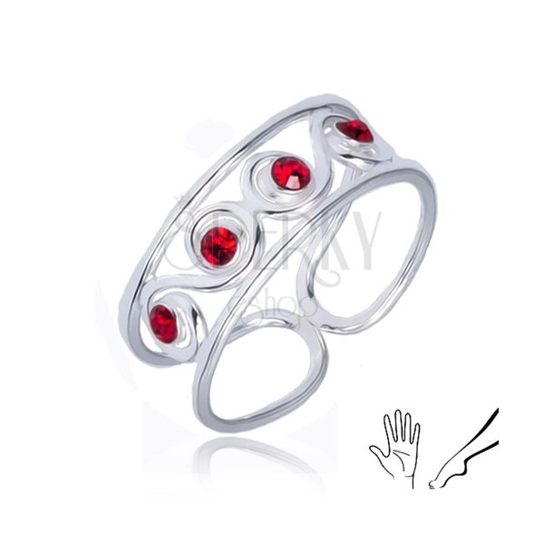 Inel din argint 925, model în formă de S, cu ştrasuri roşii