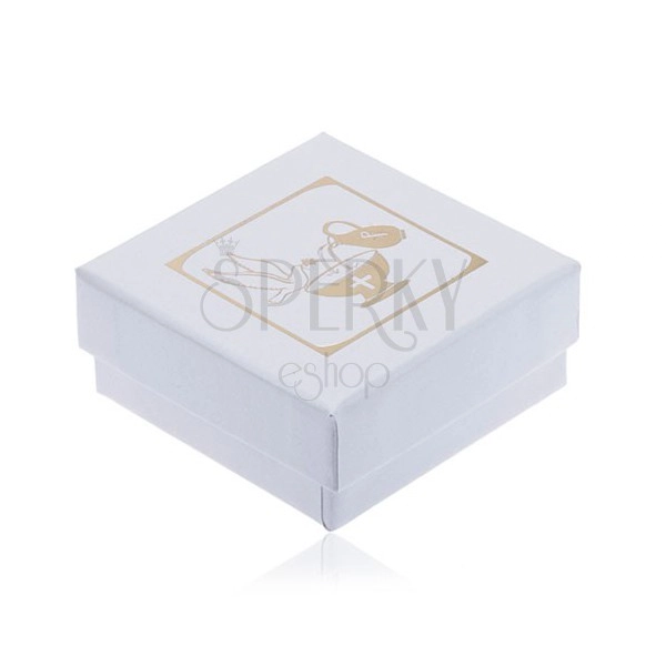 Cutiuță albă sidefată de cadou pentru cercei, ulcior auriu, pocal și porumbel