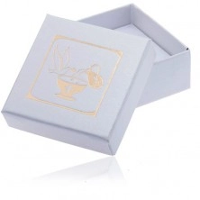 Cutiuță albă sidefată de cadou pentru cercei, ulcior auriu, pocal și porumbel